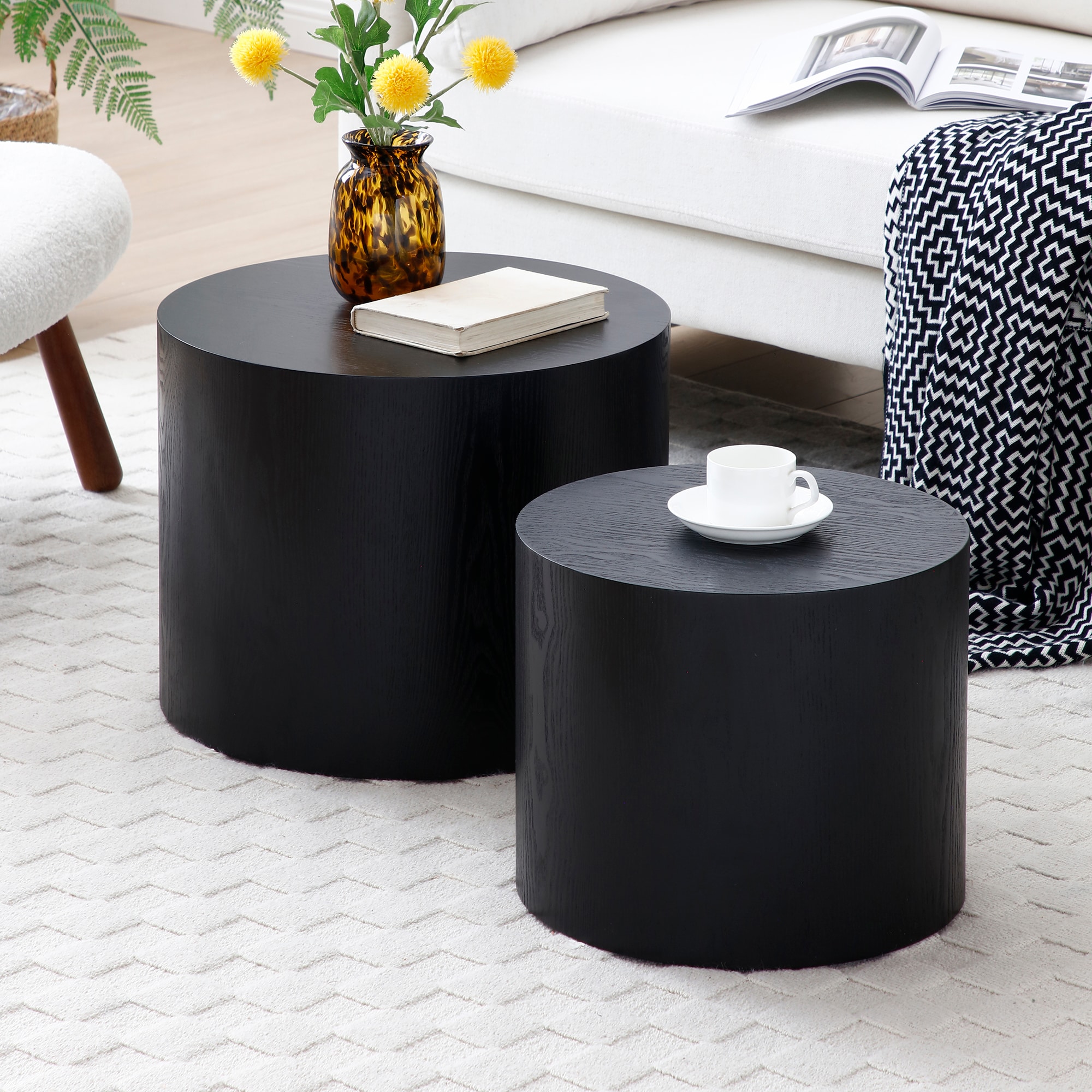 Round Coffee Table Set of 2, Nesting Coffee Tables for  MDF with  veneer .for living room,office,bedroom,Natural, 4Colors BLACK